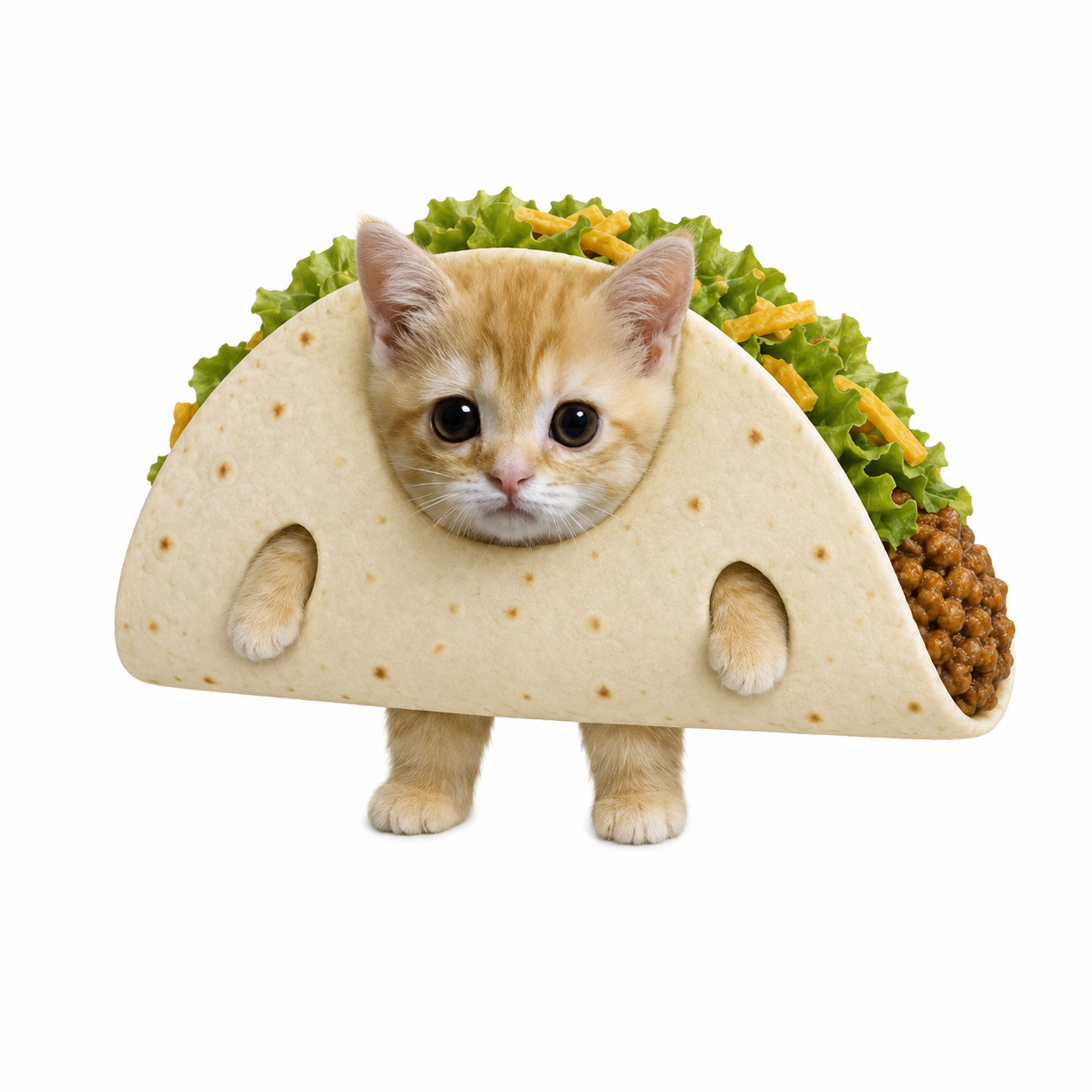 Tacocat mascot: a kitten in a taco shell, facing forward